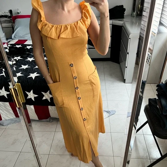 Lush Dresses | Nwt Gold Maxi Dress Ruffle Shoulder and Buttons Down Front! | Color: Gold/Yellow | Size: S | Jenlibra1019's Closet Lush Dresses | Nwt Gold Maxi Dress Ruffle Shoulder and Buttons Down Front! | Color: Gold/Yellow | Size: S | Jenlibra1019's Closet